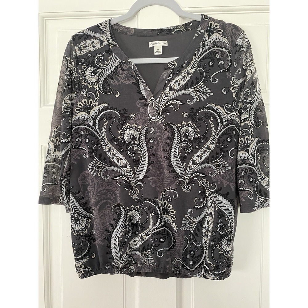 Women's Blouse SZ Med Gray Paisley Mesh Lined Feminine Y2K Workwear
